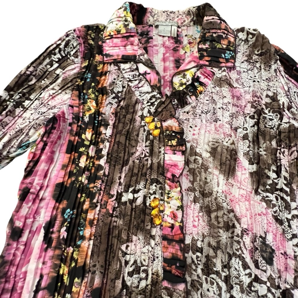 Alberto Makali Vintage Floral Abstract Short Sleeve Top Crinkle Ruffle Designer - Picture 5 of 15